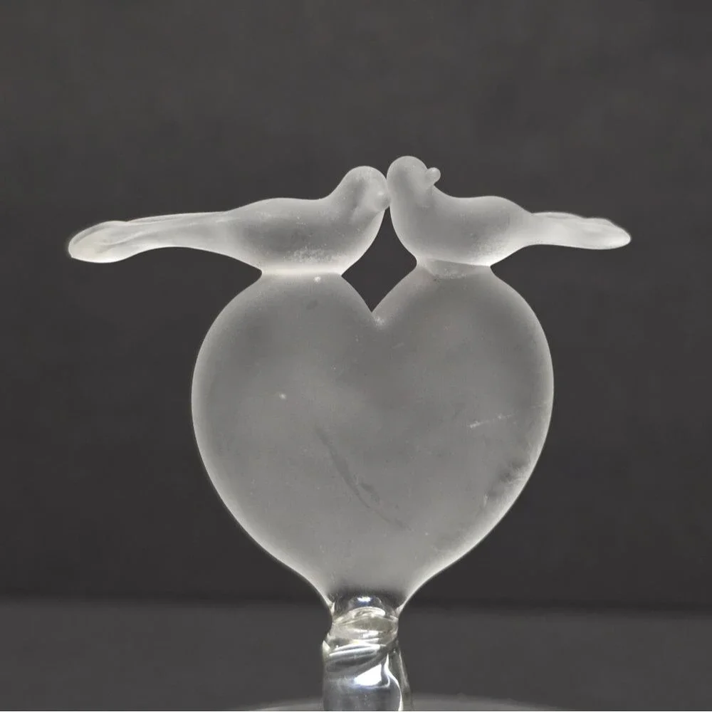 Vintage Crystal Jewelry Trinket Dish Frosted Heart and Doves Romantic Love